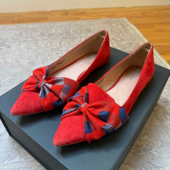 Anthropologie Knotted Bow Flats – Red Suede with Plaid Detail - Picture 4 of 16
